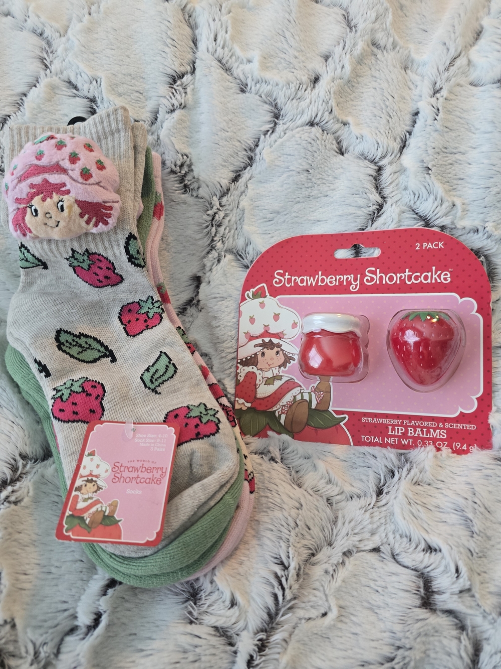 Strawberry Shortcake Set Of 3 Socks (1 IS PLUSHY) & 2 Lip Balm Set NWT